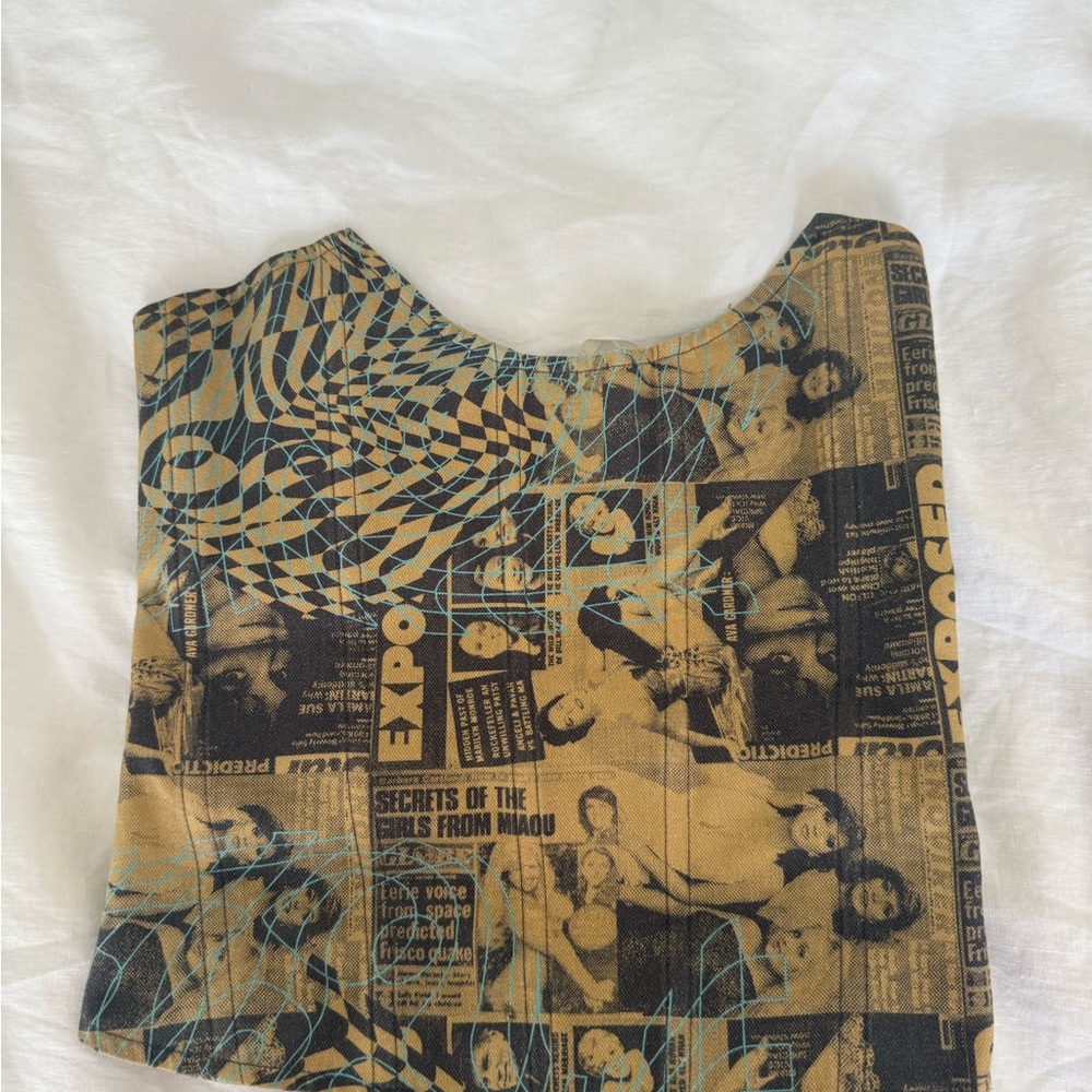 Miaou Mustard and Teal Newsprint Crop Top